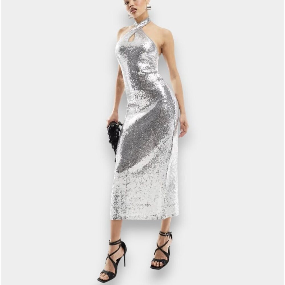 Mango Halterneck Sequin Midi Dress Silver Keyhole Cocktail Event Prom NWT